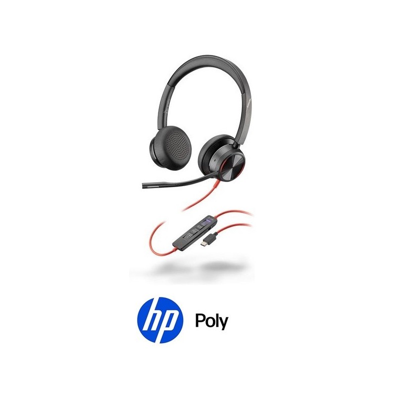 Auricular Poly Blackwire 8225 USB C  Adaptador USB A para Microsoft Cancelación Activa de Ruido ANC Luz de Aviso con funda transporte