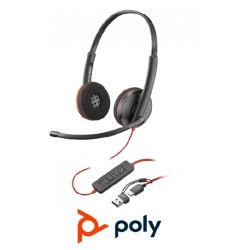 Auricular Poly Blackwire 3220 USB C  Adaptador USB A 8X228AA  Binaural, control de llamadas en el cable, descolgar colgar volumen y mute Estandard.