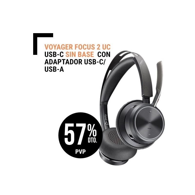 Auricular Poly Voyager FOCUS 2 UC USB C Sin Base con Adaptador USB C, USB A Bluetooth Binaural con ANC Cancelación activa de ruido Carga Auricular USB C.