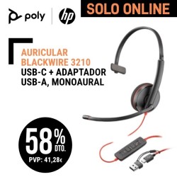 Auricular Poly Blackwire 3210 USB C  Adaptador USB A Monoaural , control de llamadas en el cable descolgar colgar volumen y mute Standard.