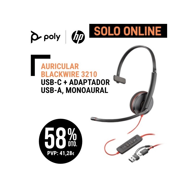 Auricular Poly Blackwire 3210 USB C  Adaptador USB A Monoaural , control de llamadas en el cable descolgar colgar volumen y mute Standard.