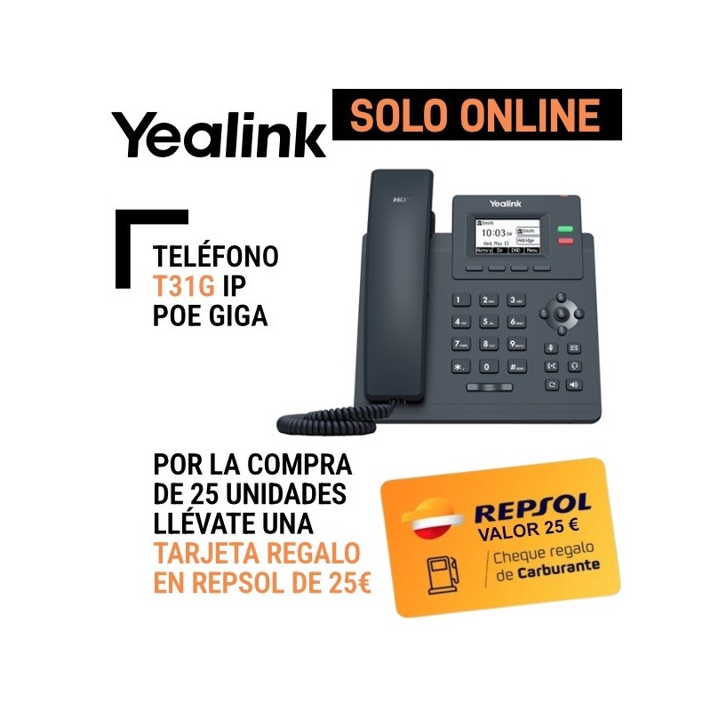 Teléfono Yealink T31G IP PoE Giga 2 Cuentas SIP 2 puertos Gigabit. Sin Fuente Alimentación AC.