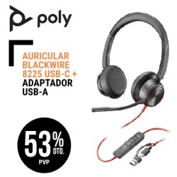 Auricular Poly Blackwire 8225 USB C  Adaptador USB A Cancelación Activa de Ruido ANC Luz de Aviso con funda transporte.