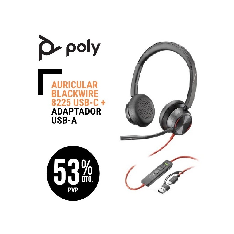 Auricular Poly Blackwire 8225 USB C  Adaptador USB A Cancelación Activa de Ruido ANC Luz de Aviso con funda transporte.
