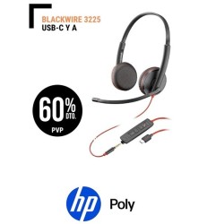 Auricular Poly Blackwire 3225 USB C y A Binaural Conexión USB y Jack 3,5mm, Control de llamadas en el cable Descolgar/Colgar, volumen y mute, Almohadillas gomaespuma, Micrófono con Cancelación de Ruido.