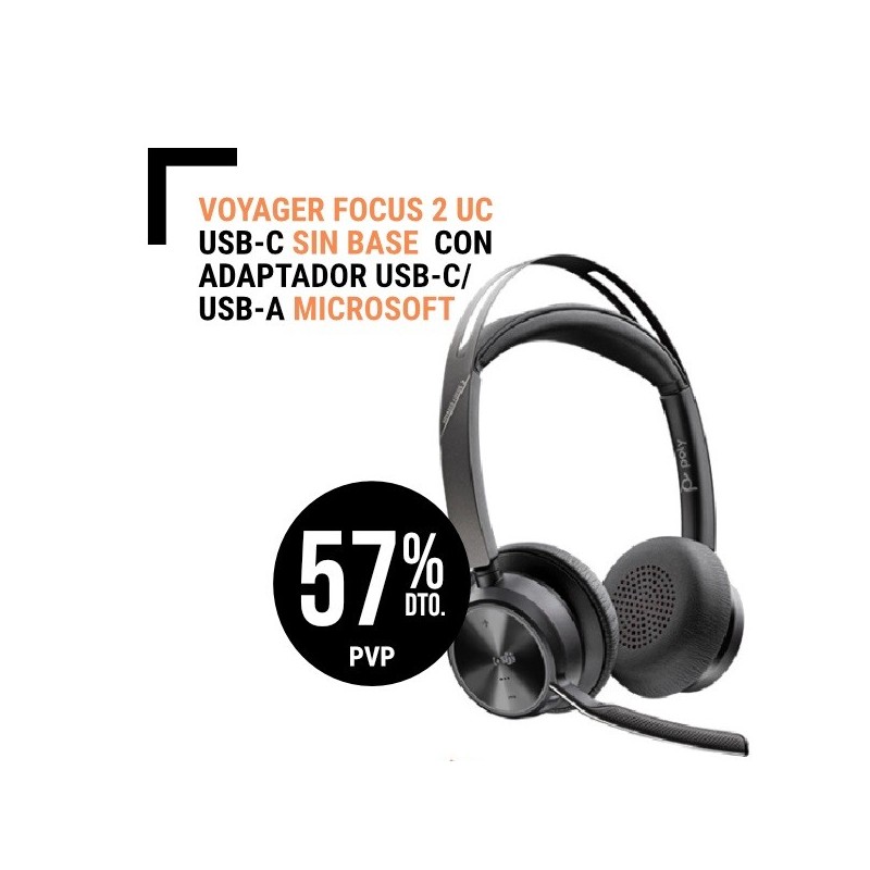Auricular Poly Voyager FOCUS 2 UC USB C Sin Base con Adaptador USB C USB A Microsoft Bluetooth Binaural con ANC Cancelación activa de ruido Carga Auricular USB C