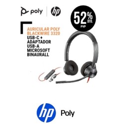 Auricular Poly Blackwire 3320 USB C  Adaptador USB A Microsoft Binaural, Control de llamadas en el cable Descolgar/ colgar, volumen y mute.