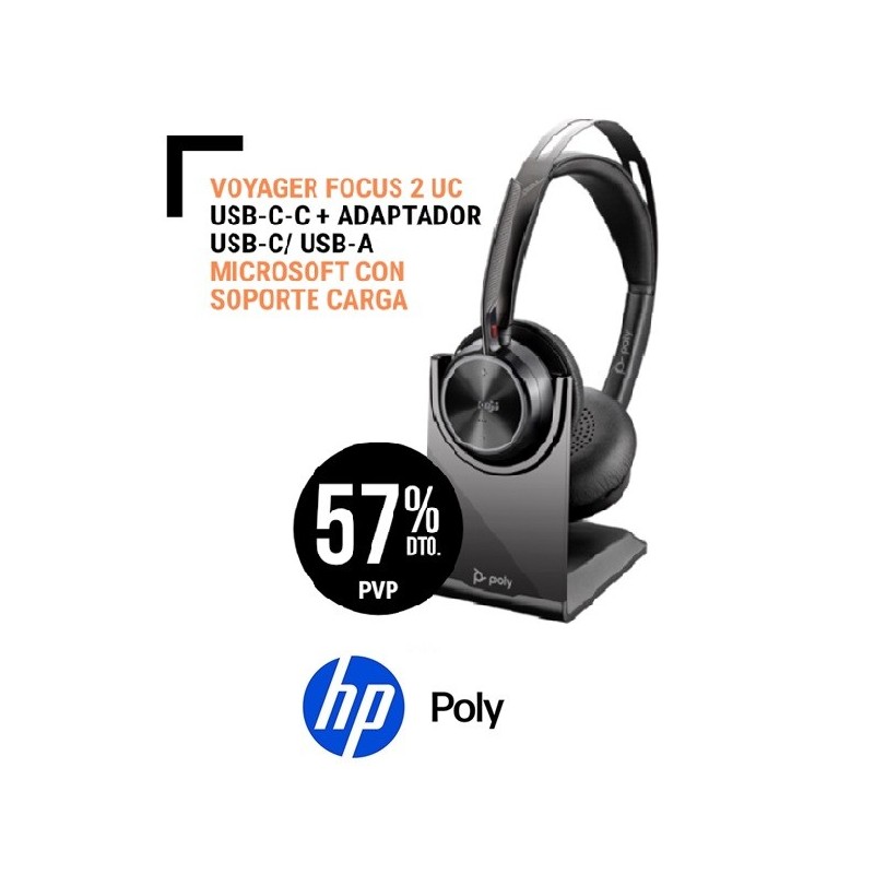 Auricular Poly Voyager FOCUS 2 UC USB C Adaptador USB C, USB A CON Soporte Carga.