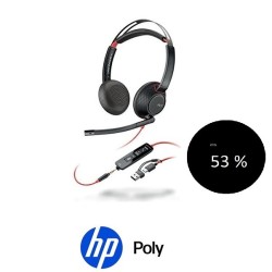 Auricular Poly Blackwire 5220 USB C , Adaptador USB A y Jack 3,5mm, Binaural Control de llamadas en el cable Descolgar colgar volumen y mute Almohadillas Simil Cuero Micrófono con Cancelación de Ruido