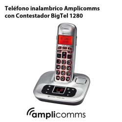 Teléfono inalámbrico Amplicomms con Contestador BigTel 1280 volumen amplificado 30 dB, Tono de llamada extrafuerte de 80 dB, Compatible con auxiliares auditivos 10 melodías de tono de llamada a elegir.