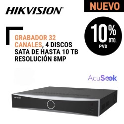 Grabador Hikvision 32 canales 4 discos SATA de hasta 20 TB resolución 8MP AcuSearch AcuSeek Acusense placa del vehículoconteo personas 