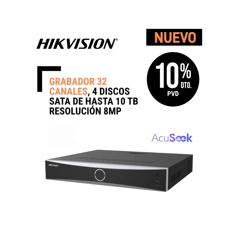 Grabador Hikvision 32 canales 4 discos SATA de hasta 20 TB resolución 8MP AcuSearch AcuSeek Acusense placa del vehículoconteo personas 