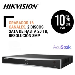 Grabador Hikvision 16 canales 2 discos SATA de hasta 20 TB resolución 8MP alarma 4E  1S ANPR AcuSearch AcuSeek Acusense Color de la placa Color del vehículo Conteo personas GUANLAN