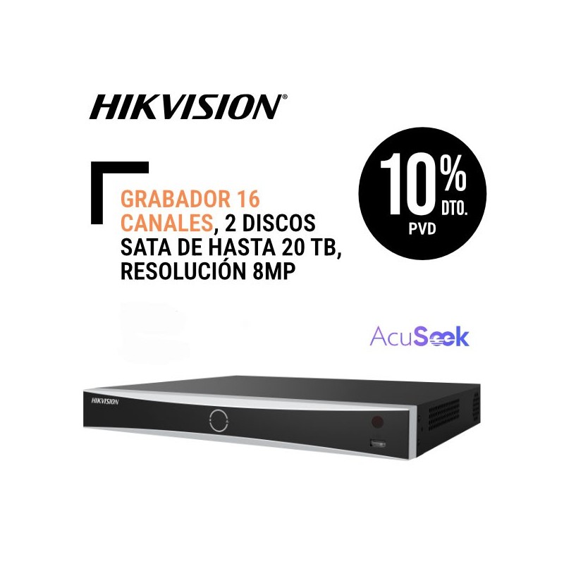 Grabador Hikvision 16 canales 2 discos SATA de hasta 20 TB resolución 8MP alarma 4E  1S ANPR AcuSearch AcuSeek Acusense Color de la placa Color del vehículo Conteo personas GUANLAN