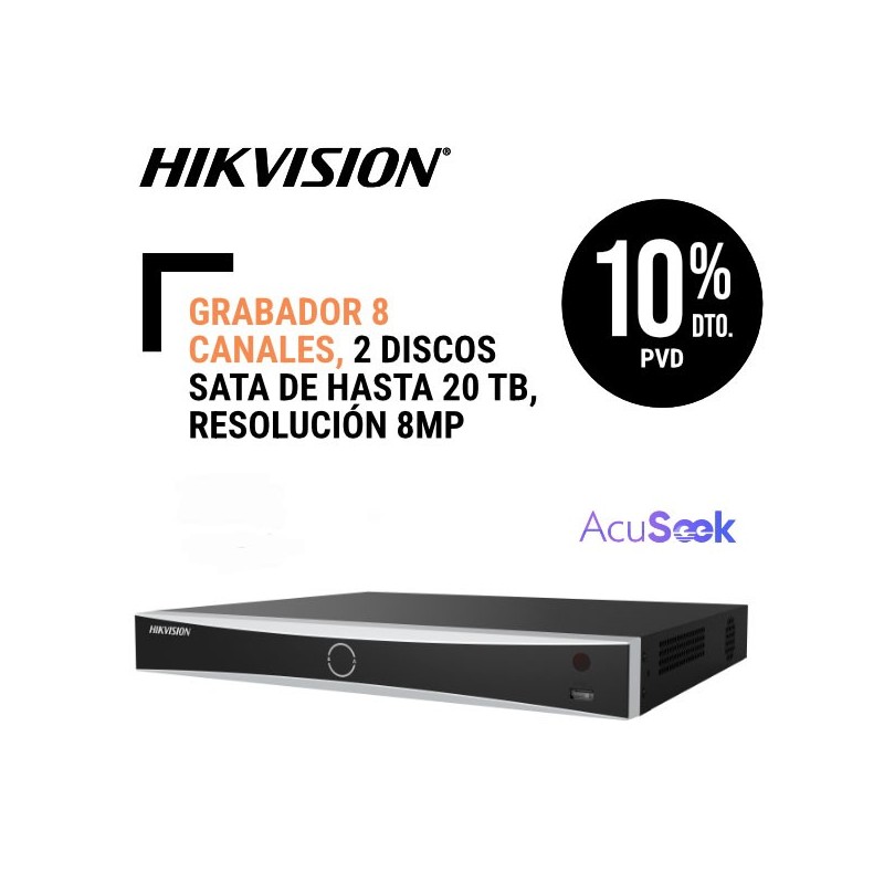 Grabador Hikvision 8 canales 2 discos SATA de hasta 20 TB resolución 8MP alarma 4E  1S ANPR AcuSearch AcuSeek Acusense Color de la placa Color del vehículo Conteo personas GUANLAN