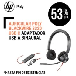 Auricular Poly Blackwire 3320 USB C  Adaptador USB A Binaural, Control de llamadas en el cable Descolgar/colgar, volumen y mute.