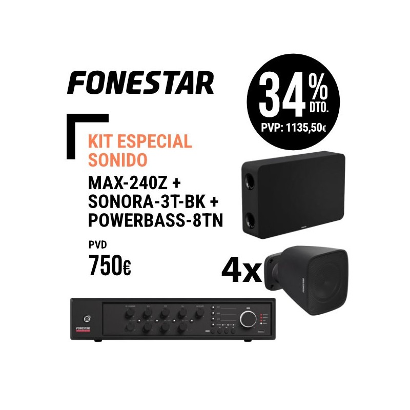 Conjunto Fonestar de sonorización de sala Compuesto Amplificador MAX-240Z,  Altavoz SONORA-3TN  4 unidades y Subwoofer POWERBASS-8TN.