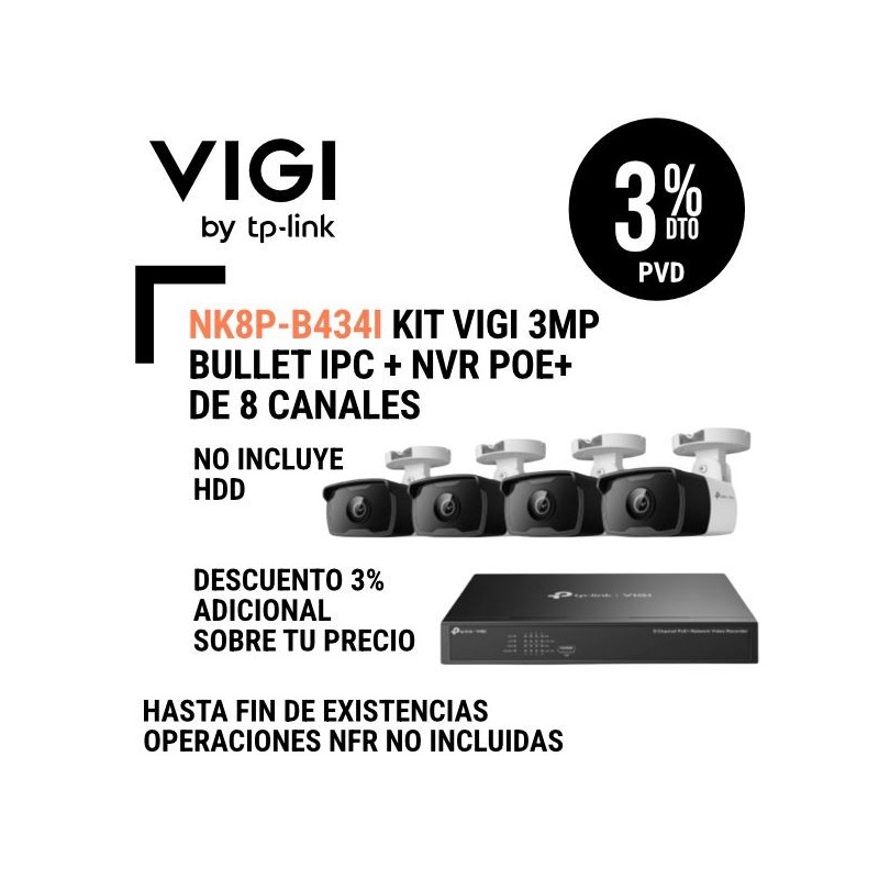 VIGI NK8P-B434I Kit VIGI 3 MP Bullet IPC  NVR PoE+ de 8 Canales ,Incluye 04 cámaras IPC modelo VIGI C330I 4mm , VIGI NVR-1008H8P, No incluye HDD.