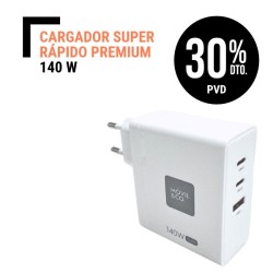 Cargador Super Rápido Premium GaN 1 Usb-A y 2 Usb-C de 140 W sin cable. Valido para Smartphone, PC, Tablet.