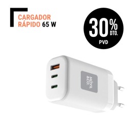 Cargador Rápido 1 Usb-A y 2 Usb-C de 65 W.