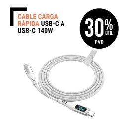 Cable carga rápida USB-C a  USB-C de 140W con pantalla Led, monitoriza potencia de carga.