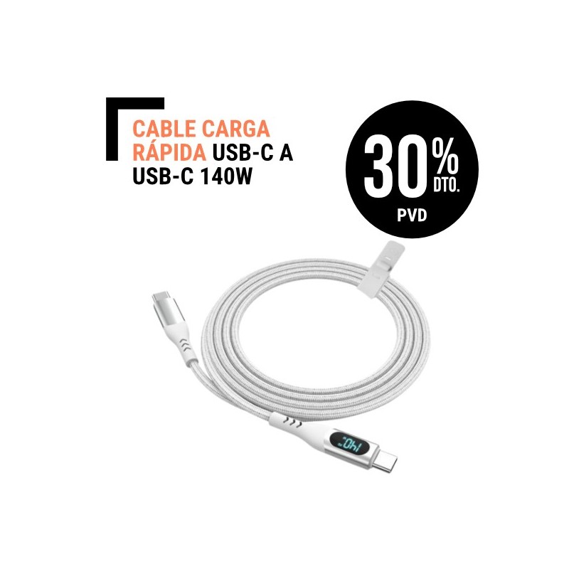 Cable carga rápida USB-C a  USB-C de 140W con pantalla Led, monitoriza potencia de carga.