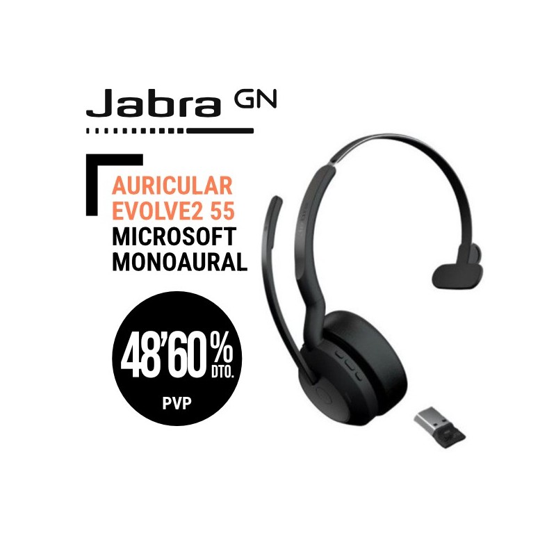 Auricular Jabra Evolve2 55 Microsofot Monoaural USB A con Dongle para PC y Bluetooth para Movil