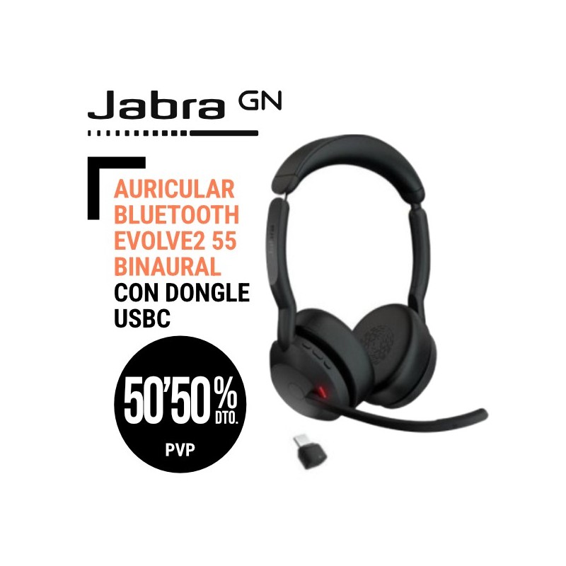 Auricular Jabra Bluetooth Evolve2 55 Binaural con Dongle USB-C Versión Micrososft