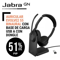 Auricular Jabra Evolve2 55 Microsofot Binaural con base de carga USB A con Dongle para PC y Bluetooth para Móvil.
