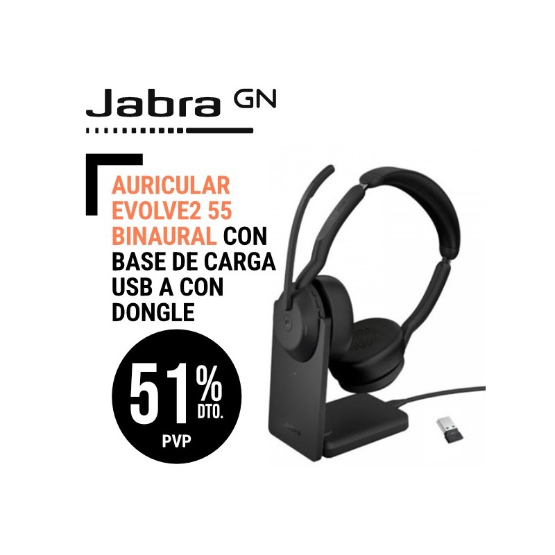 Auricular Jabra Evolve2 55 Microsofot Binaural con base de carga USB A con Dongle para PC y Bluetooth para Móvil.