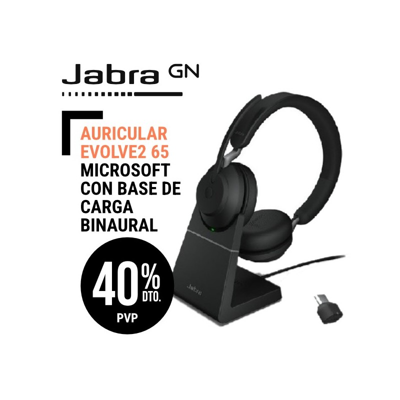 Auricular Jabra Evolve2 65 Negro Microsoft CON Base de Carga Binaural USB C
