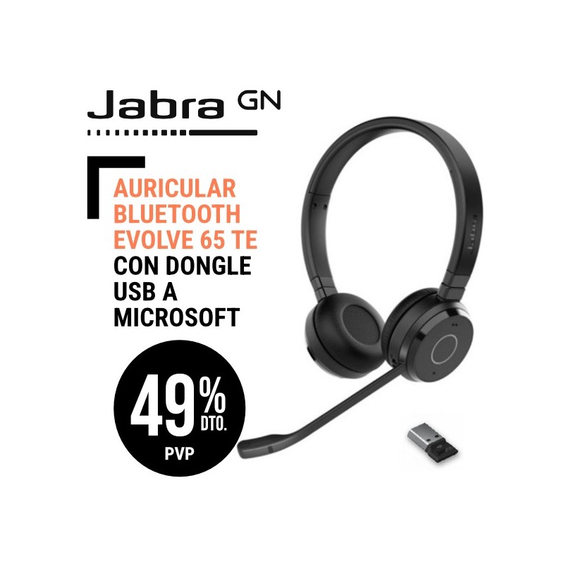 Auricular Bluetooth Jabra Evolve 65 TE con Dongle USB A Microsoft Binaural Conector de Carga USB C SIN Base de Carga