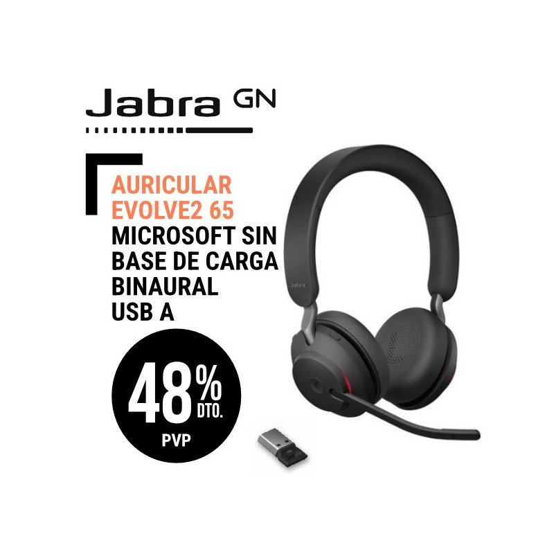 Auricular Jabra Evolve2 65 Negro Microsoft SIN Base de Carga Binaural USB A
