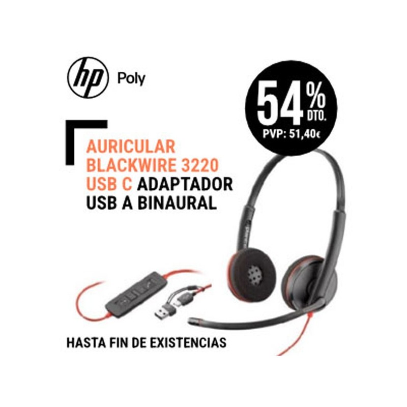 Auricular Poly Blackwire 3220 USB C  Adaptador USB A 8X228AA  Binaural, control de llamadas en el cable, descolgar colgar volumen y mute Estandard.
