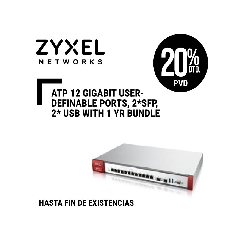 Zyxel ATP 12 Gigabit user-definable ports, 2*SFP, 2* USB with 1 Yr Bundle.